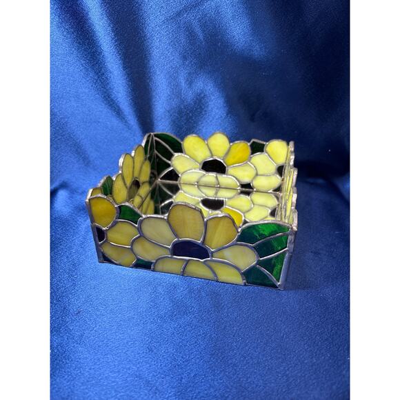 Vintage Stain Glass Yellow Flower Design with Mirror Bottom Trinket Dish - Picture 1 of 5